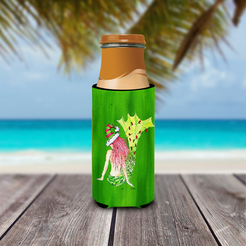 Christmas Mermaid in Lights Slim Can Hugger , Insulated Foam Hugger for 12 oz Slim Cans, Beer Bottles & Water Bottles, Printed in USA