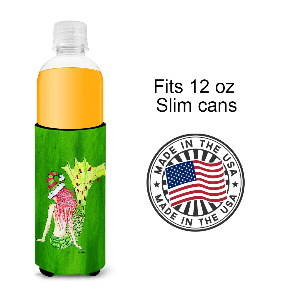 Christmas Mermaid in Lights Slim Can Hugger , Insulated Foam Hugger for 12 oz Slim Cans, Beer Bottles & Water Bottles, Printed in USA