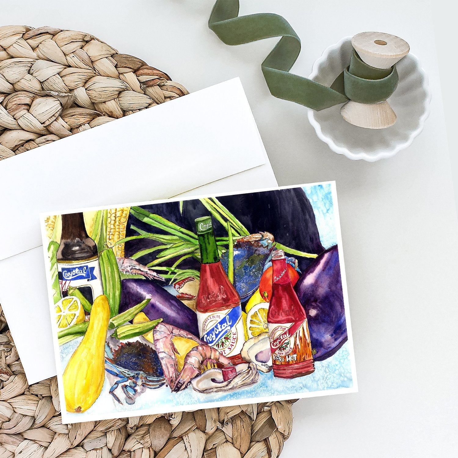 Crystal Hot Sauce with Seafood Greeting Cards Pack of 8 Blank Cards with Envelopes Whimsical A7 Size 5x7