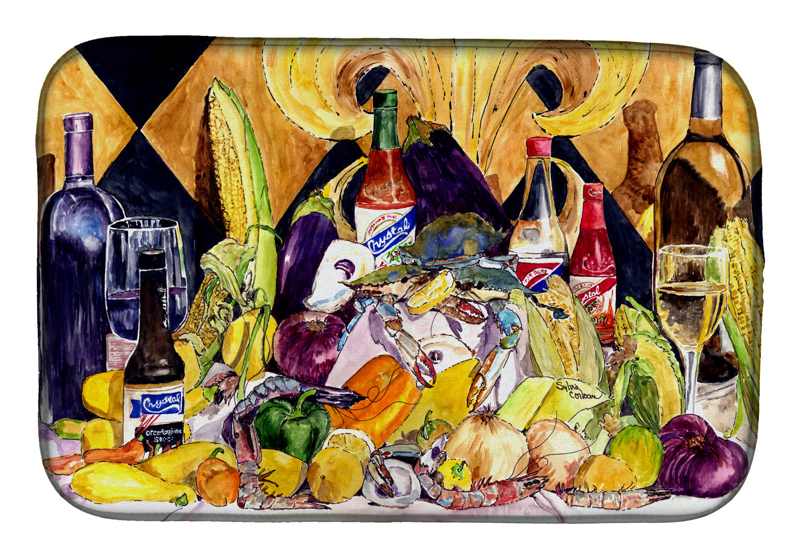 Crystal Hot Sauce with Fleur De lis and Wine Dish Drying Mat Absorbent Dish Drying Mat Pad for Kitchen Counter Dish Drainer Mat for Countertop, 14 x 21", Multicolor