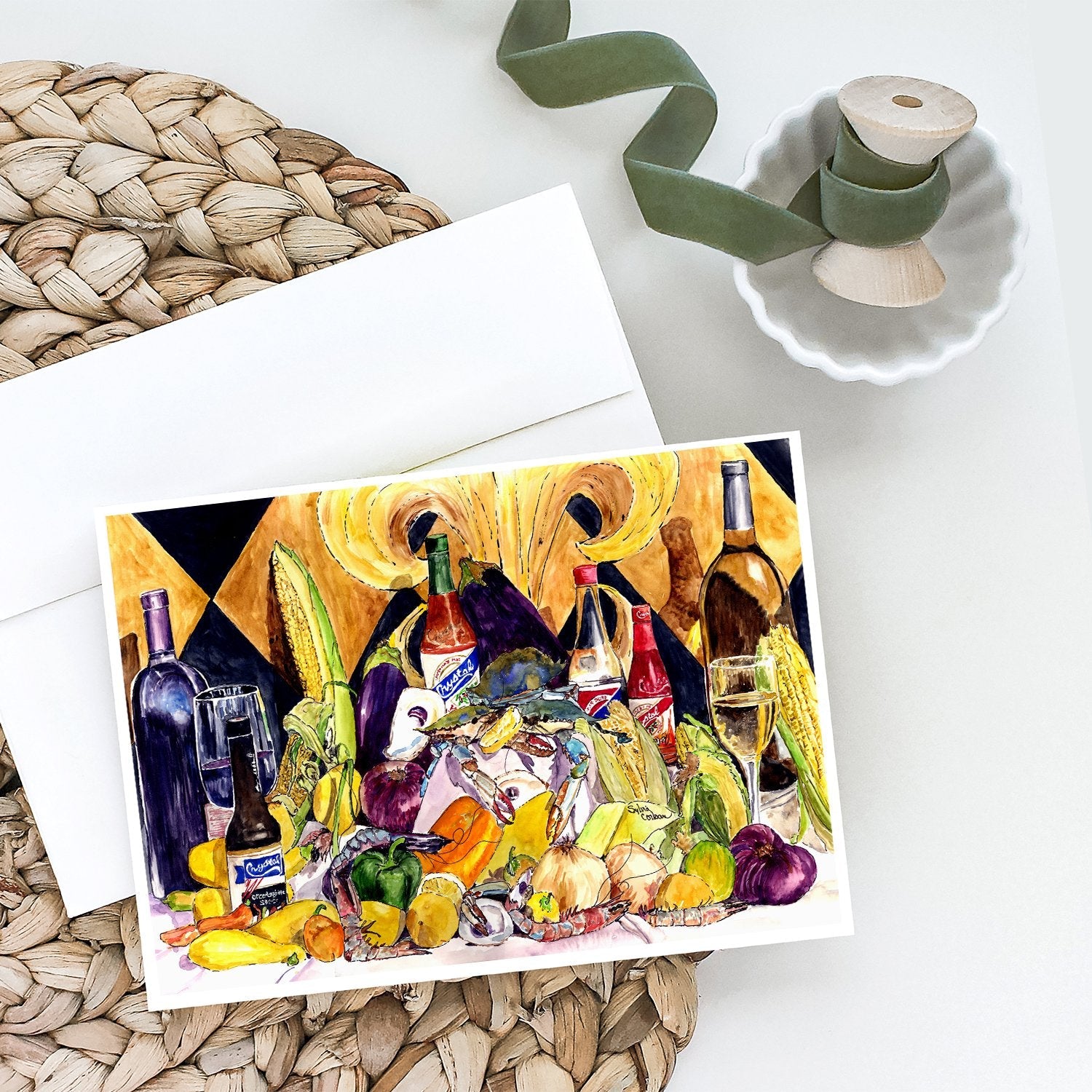 Crystal Hot Sauce with Fleur De lis and Wine Greeting Cards Pack of 8 Blank Cards with Envelopes Whimsical A7 Size 5x7