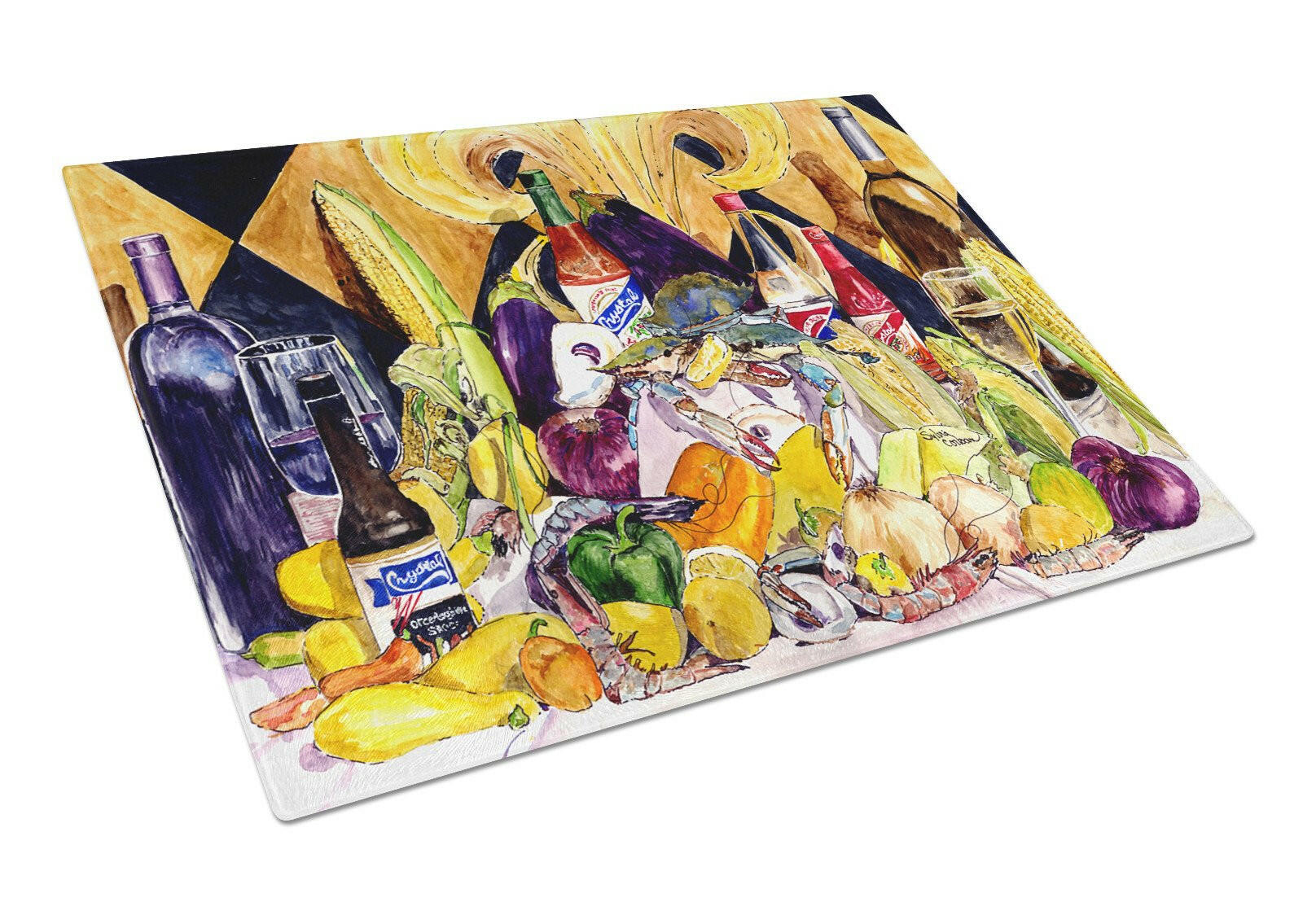 Crystal Hot Sauce with Fleur De lis and Wine Cutting Board Tempered Glass Kitchen Cutting Surface, Heat Resistant Chopping, Non-Slip Feet, Food Prep & Serving
