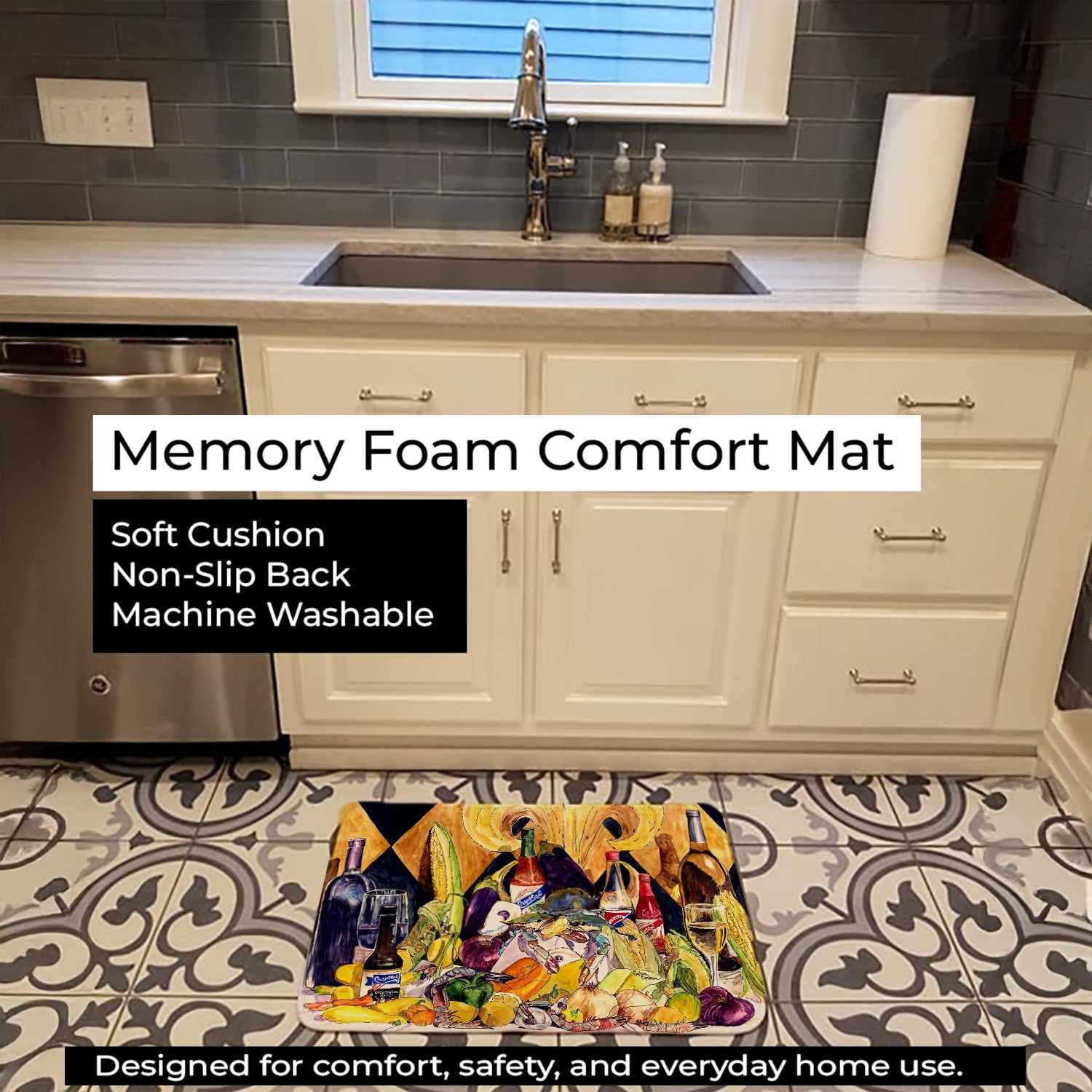 Crystal Hot Sauce with Fleur De lis and Wine Memory Foam Kitchen Mat Machine Washable Anti-Fatigue Cushion Comfort Bath or Kitchen Rug