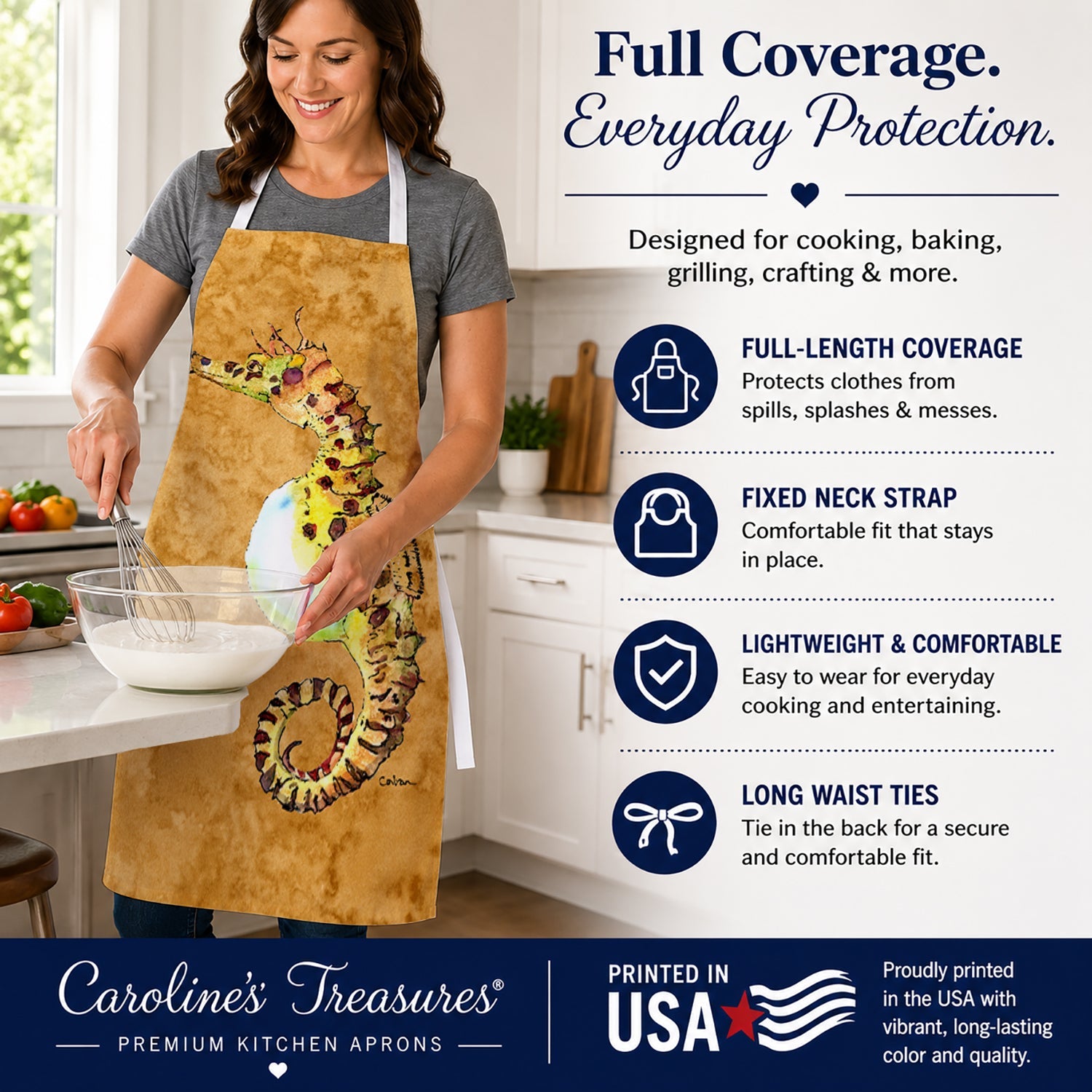 Seahorse Apron Cooking Kitchen Server Baking Crafts Gardening for Adult Women Men, Unisex, Large, Multicolor