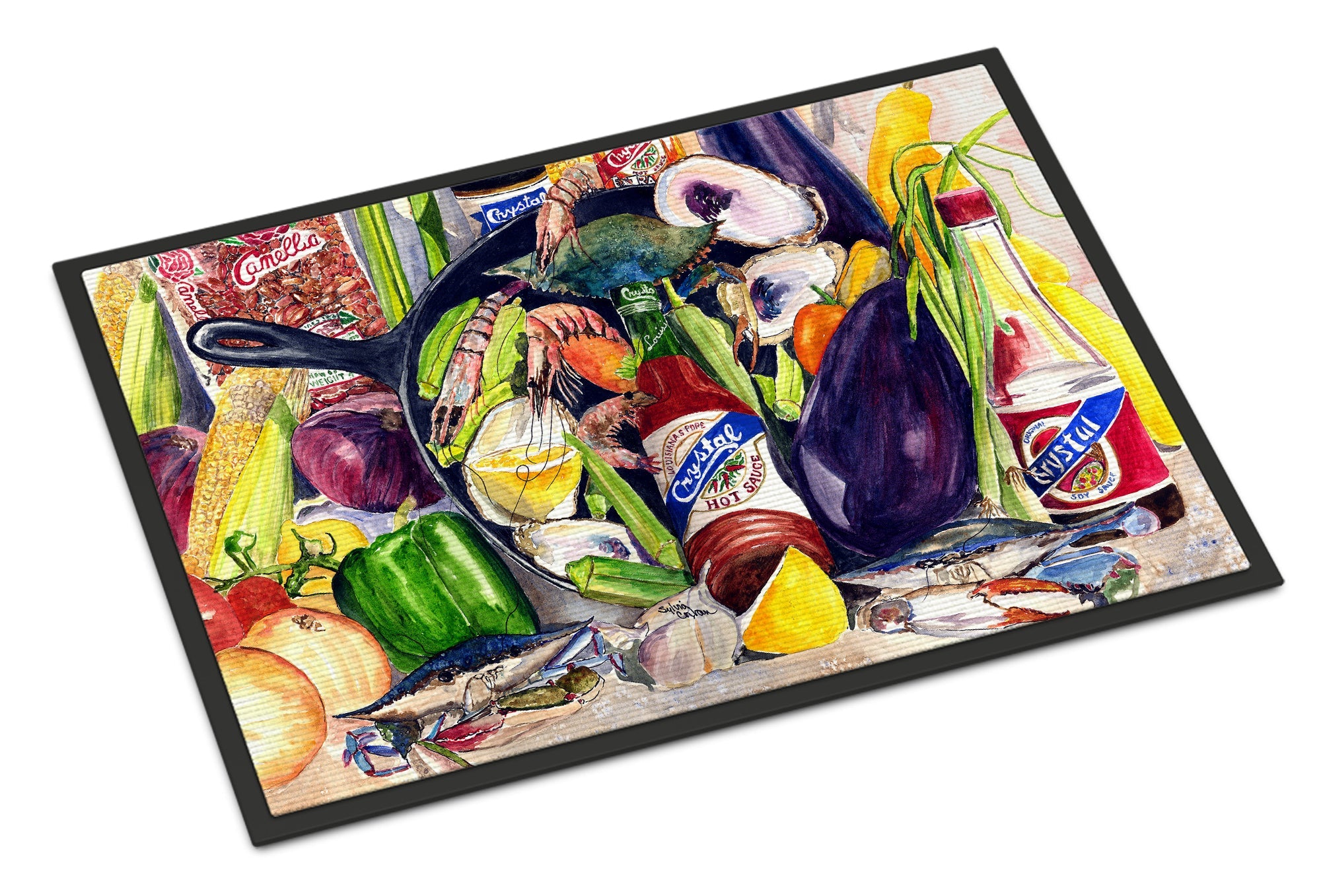 Crystal Hot Sauce with Camellia Beans and Black Skillet Doormat Indoor Outdoor 24H X 36W Front Door Mat Rugs for Entryway, Non Slip Washable Low Pile,
