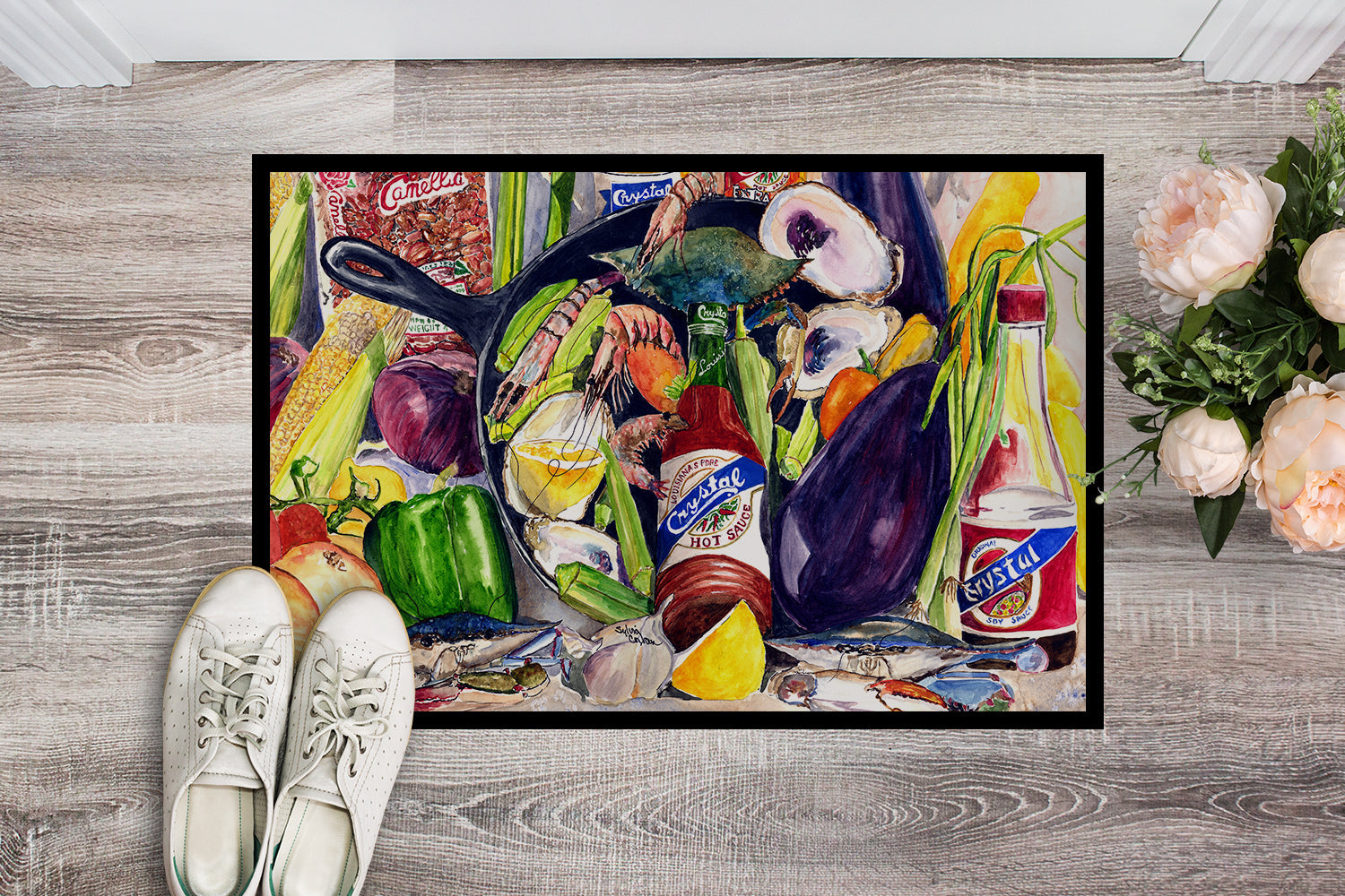 Crystal Hot Sauce with Camellia Beans and Black Skillet Doormat Indoor Outdoor 24H X 36W Front Door Mat Rugs for Entryway, Non Slip Washable Low Pile,