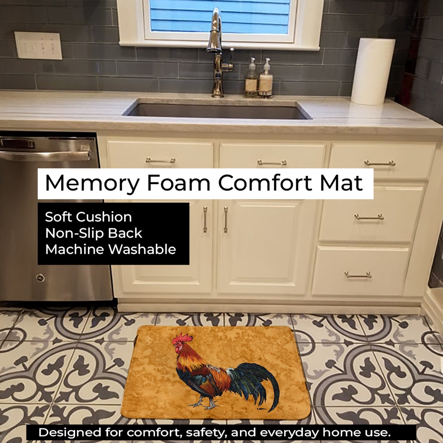 Rooster Memory Foam Kitchen Mat Machine Washable Anti-Fatigue Cushion Comfort Bath or Kitchen Rug