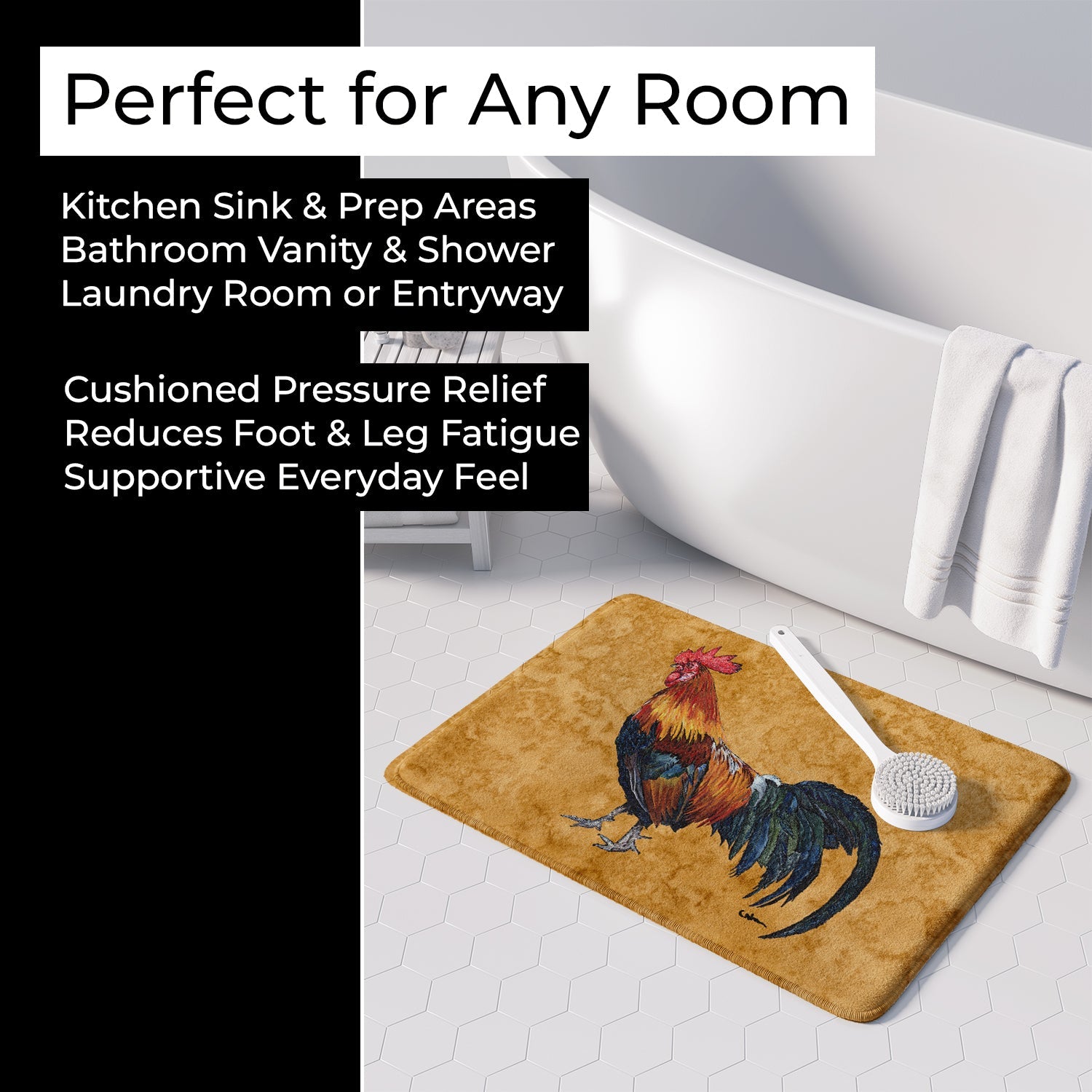 Rooster Memory Foam Kitchen Mat Machine Washable Anti-Fatigue Cushion Comfort Bath or Kitchen Rug