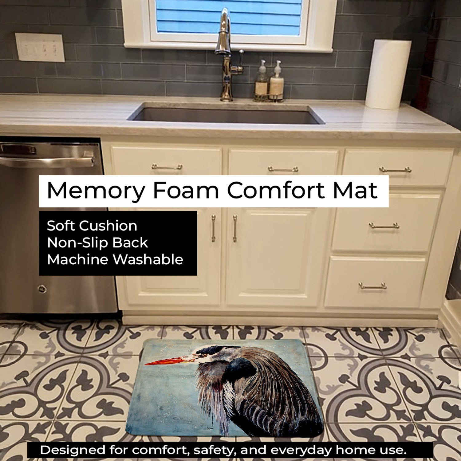 Blue Heron Memory Foam Kitchen Mat Machine Washable Anti-Fatigue Cushion Comfort Bath or Kitchen Rug