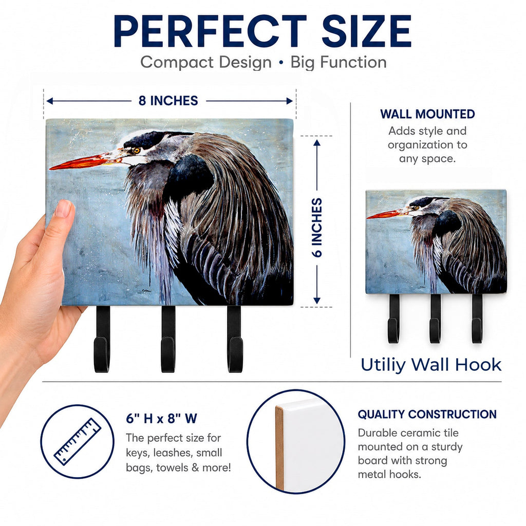 Blue Heron Leash or Key Holder Wall Hooks, Coat Rack Wall Mount, for Hanging Keys, Towels, Aprons, Leashes