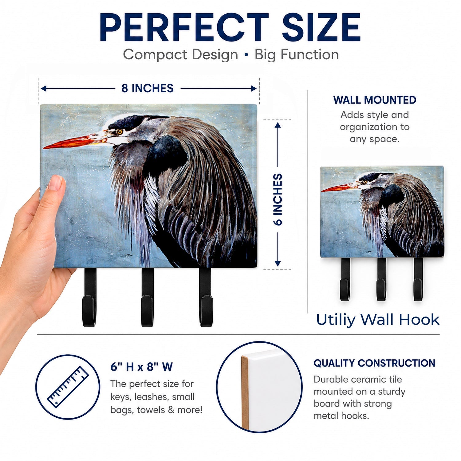Blue Heron Leash or Key Holder Wall Hooks, Coat Rack Wall Mount, for Hanging Keys, Towels, Aprons, Leashes