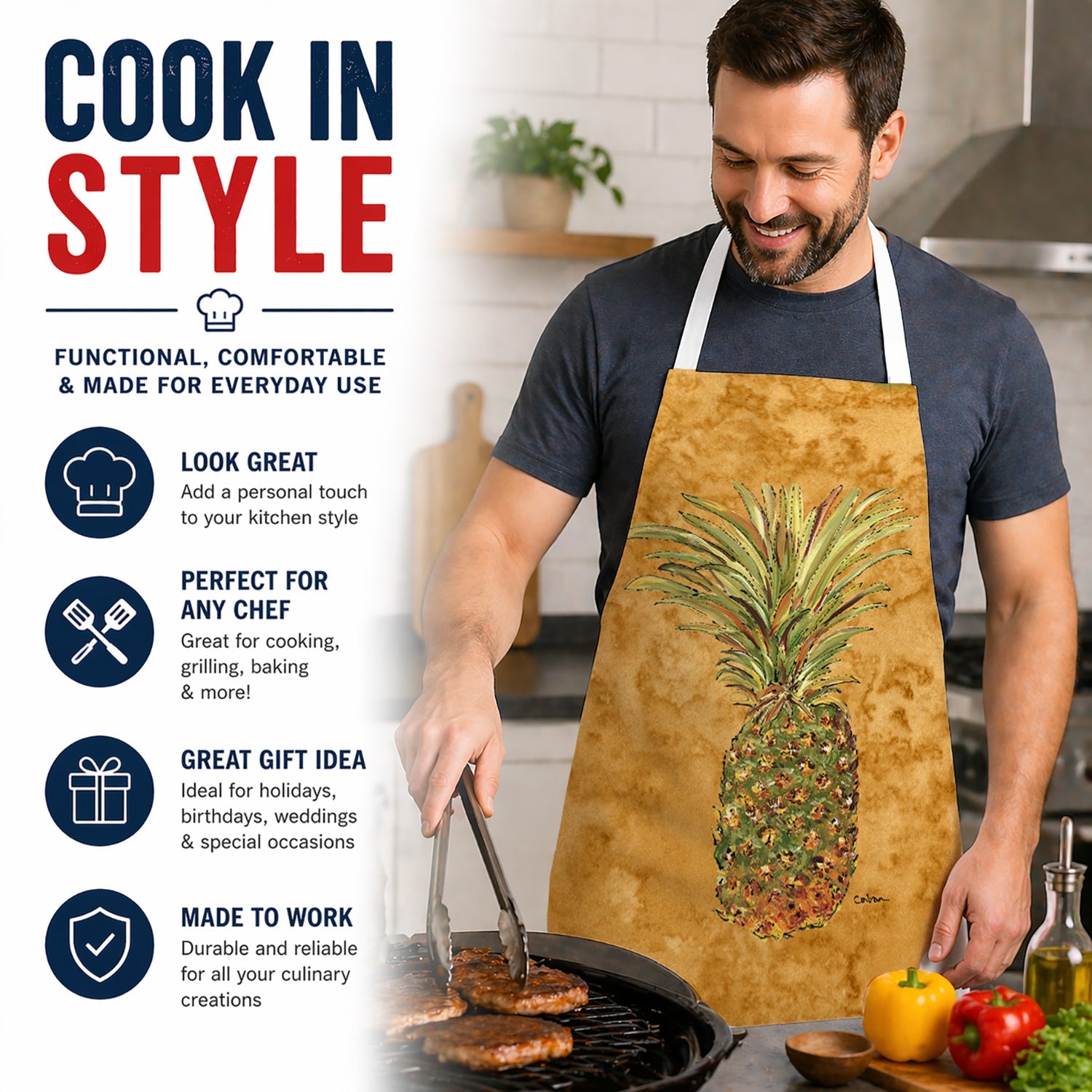 Pineapple Apron Cooking Kitchen Server Baking Crafts Gardening for Adult Women Men, Unisex, Large, Multicolor