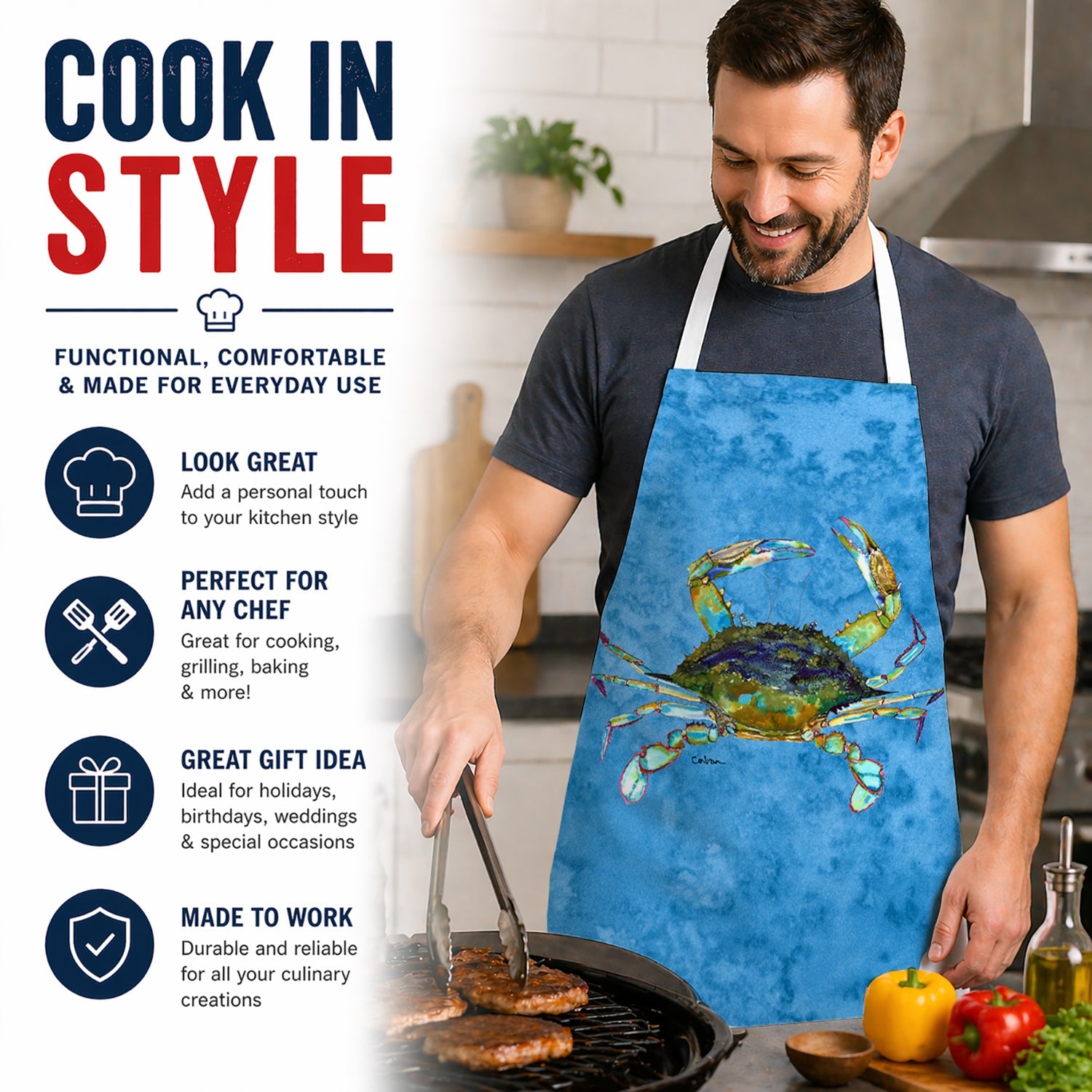Crab Apron Cooking Kitchen Server Baking Crafts Gardening for Adult Women Men, Unisex, Large, Multicolor