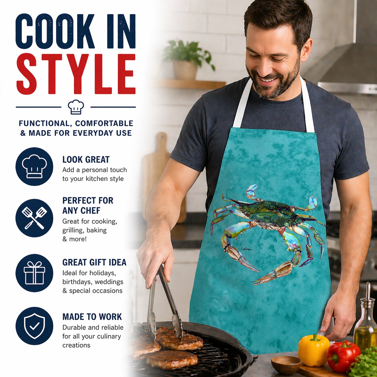 Crab Apron Cooking Kitchen Server Baking Crafts Gardening for Adult Women Men, Unisex, Large, Multicolor