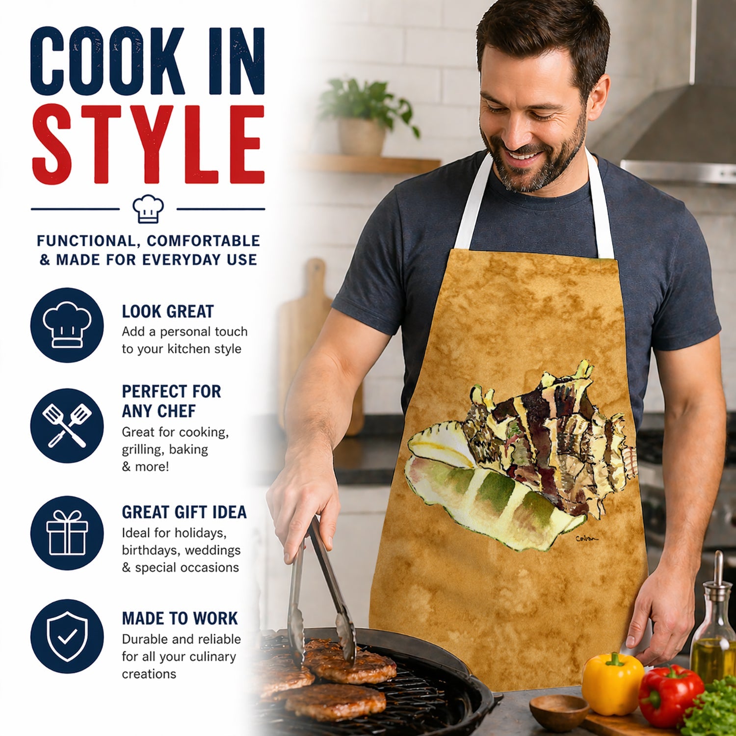 Shell Apron Cooking Kitchen Server Baking Crafts Gardening for Adult Women Men, Unisex, Large, Multicolor