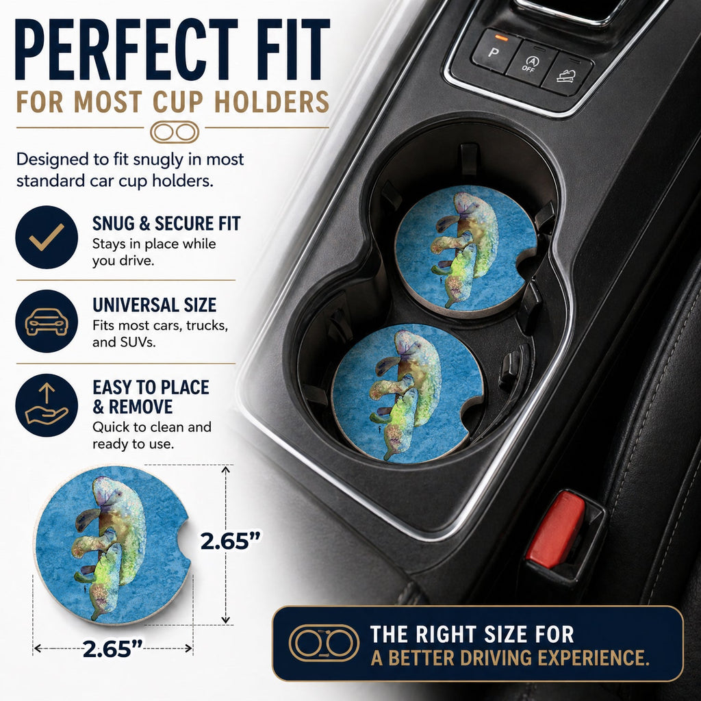 Manatee Set of 2 Cup Holder Car Coasters Absorbent Round Sandstone Coasters Gifts for Men or Women, 2.5, Multicolor