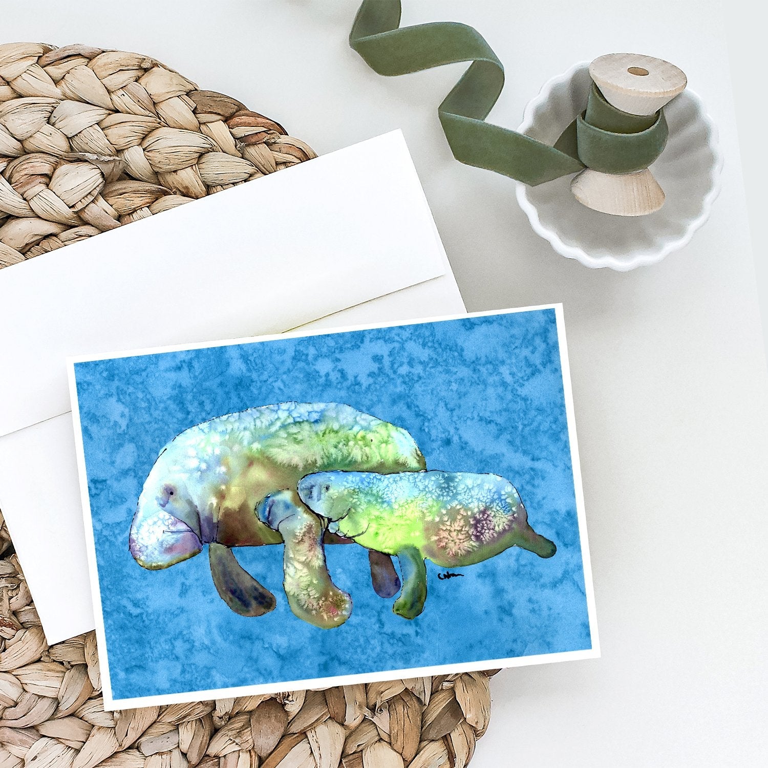 Manatee Greeting Cards Pack of 8 Blank Cards with Envelopes Whimsical A7 Size 5x7