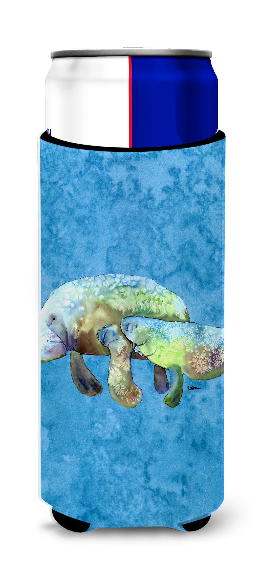 Manatee Slim Can Hugger , Insulated Foam Hugger for 12 oz Slim Cans, Beer Bottles & Water Bottles, Printed in USA