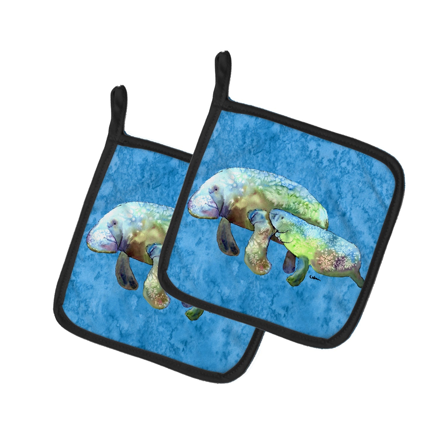 Manatee Pot Holder Set of 2 Heat Resistant Quilted Hot Pads 7.5 x 7.5 Inch, Insulated Kitchen Trivets for Cooking & Baking