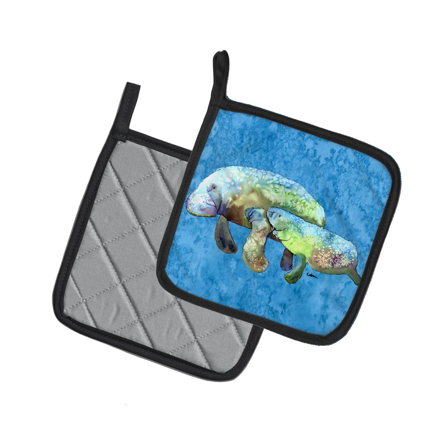 Manatee Pot Holder Set of 2 Heat Resistant Quilted Hot Pads 7.5 x 7.5 Inch, Insulated Kitchen Trivets for Cooking & Baking