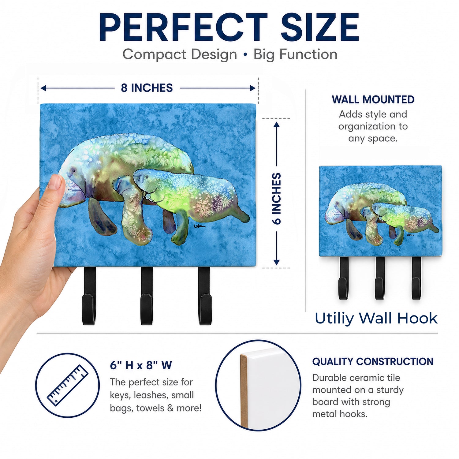 Manatee Leash or Key Holder Wall Hooks, Coat Rack Wall Mount, for Hanging Keys, Towels, Aprons, Leashes