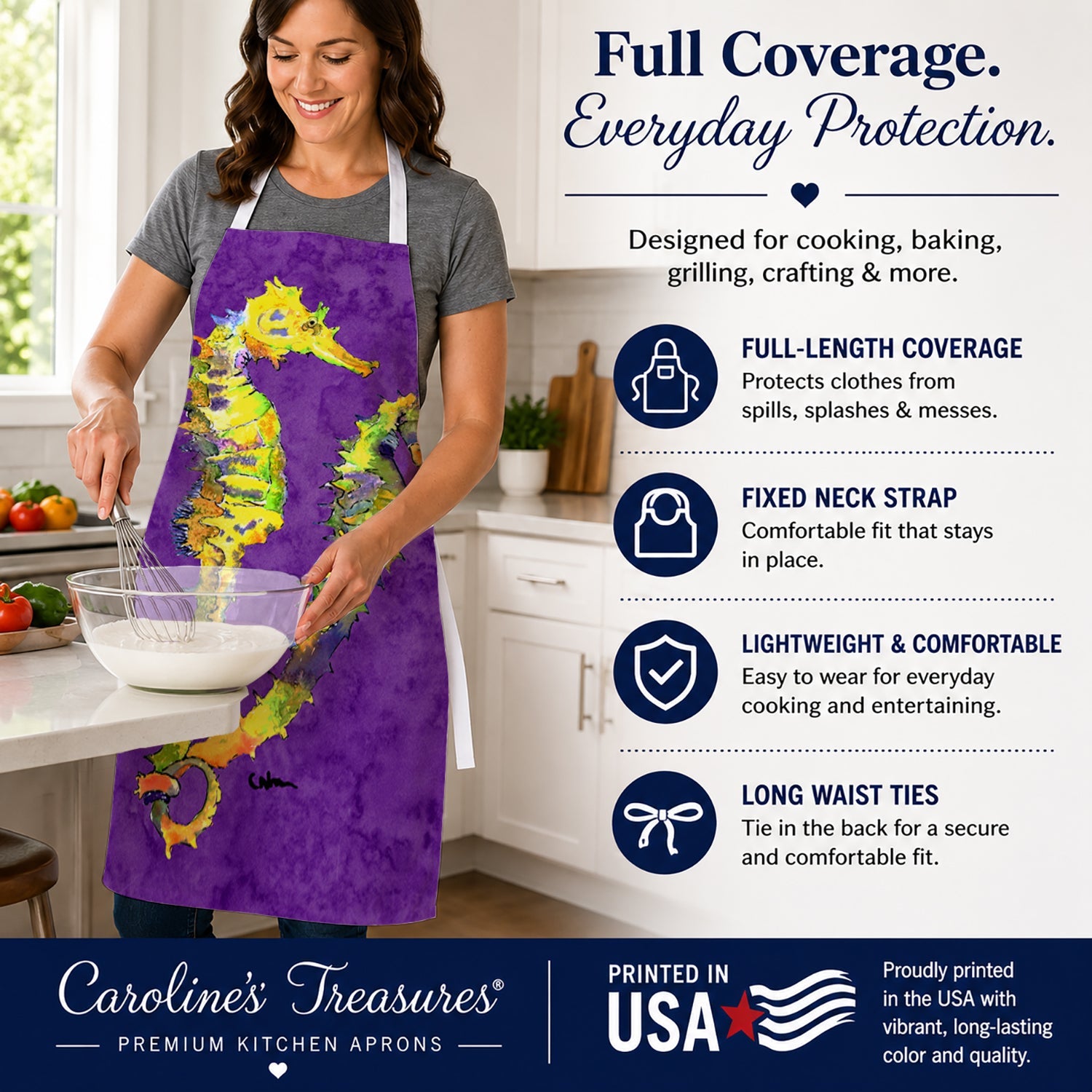 Seahorse Apron Cooking Kitchen Server Baking Crafts Gardening for Adult Women Men, Unisex, Large, Multicolor