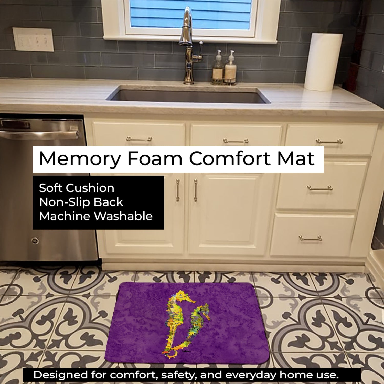 Seahorse Memory Foam Kitchen Mat Machine Washable Anti-Fatigue Cushion Comfort Bath or Kitchen Rug