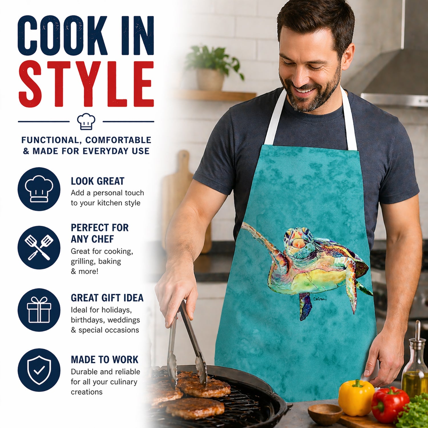 Turtle Apron Cooking Kitchen Server Baking Crafts Gardening for Adult Women Men, Unisex, Large, Multicolor