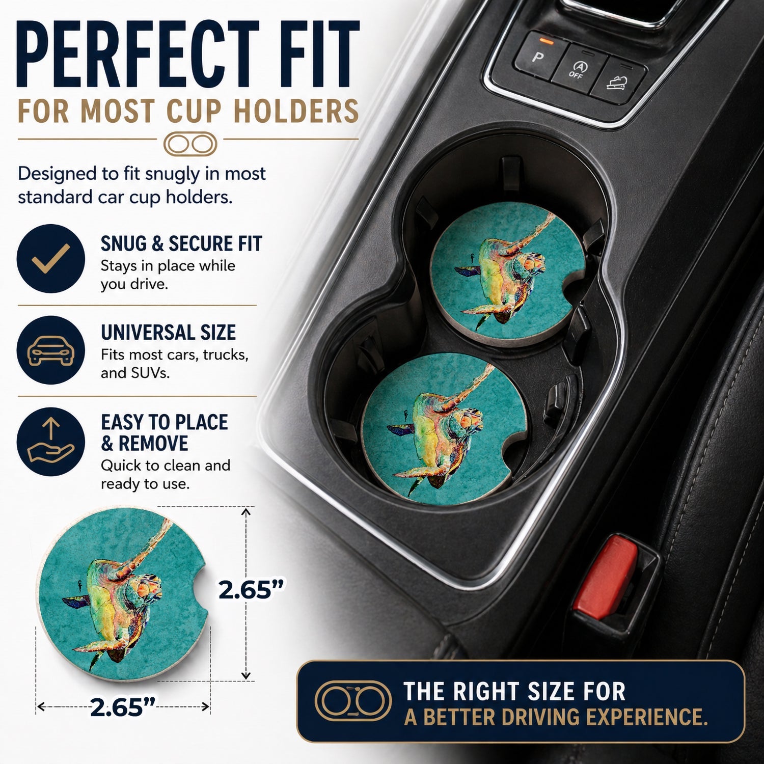 Turtle Set of 2 Cup Holder Car Coasters Absorbent Round Sandstone Coasters Gifts for Men or Women, 2.5, Multicolor