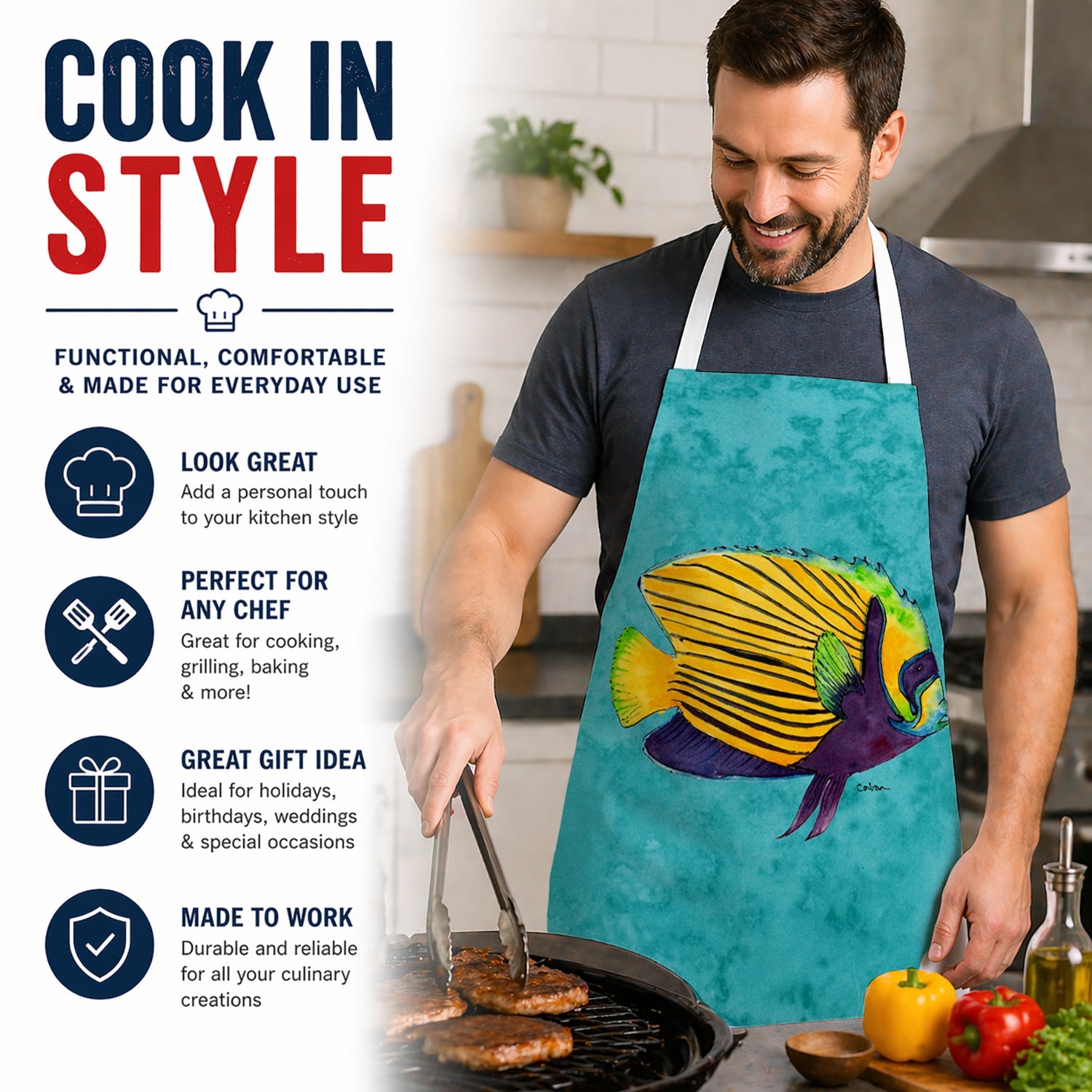 Tropical Fish Apron Cooking Kitchen Server Baking Crafts Gardening for Adult Women Men, Unisex, Large, Multicolor