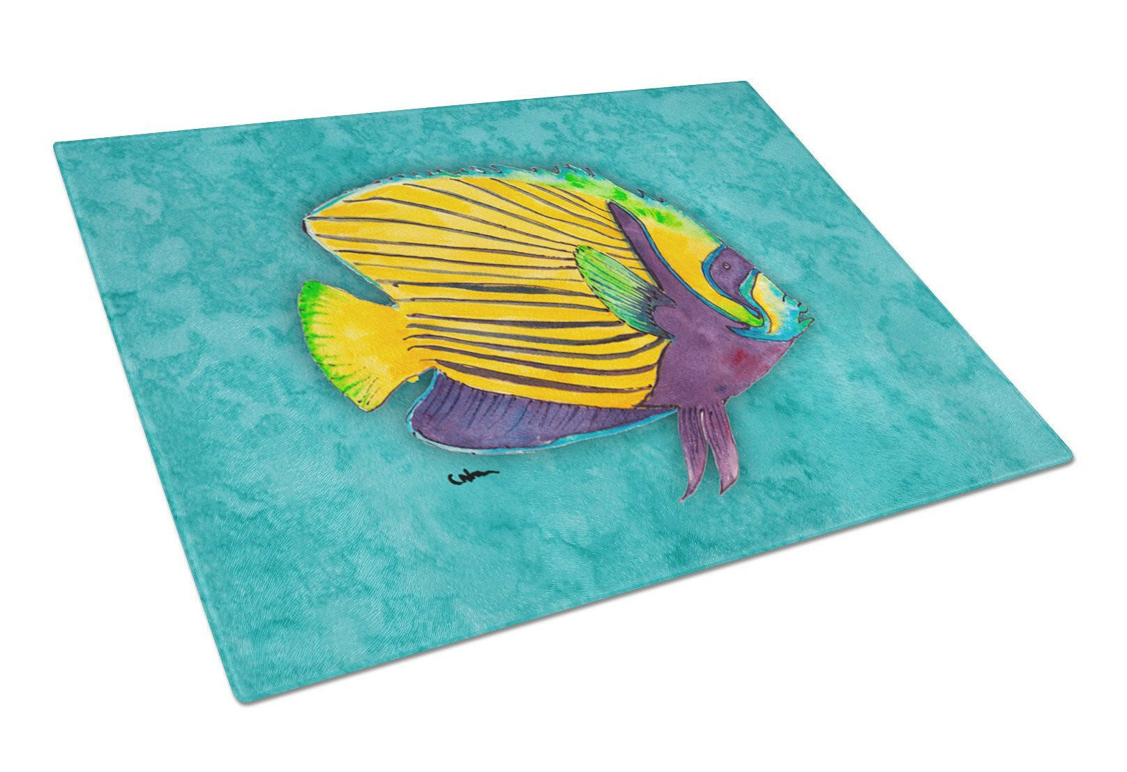 Tropical Fish Cutting Board Tempered Glass Kitchen Cutting Surface, Heat Resistant Chopping, Non-Slip Feet, Food Prep & Serving