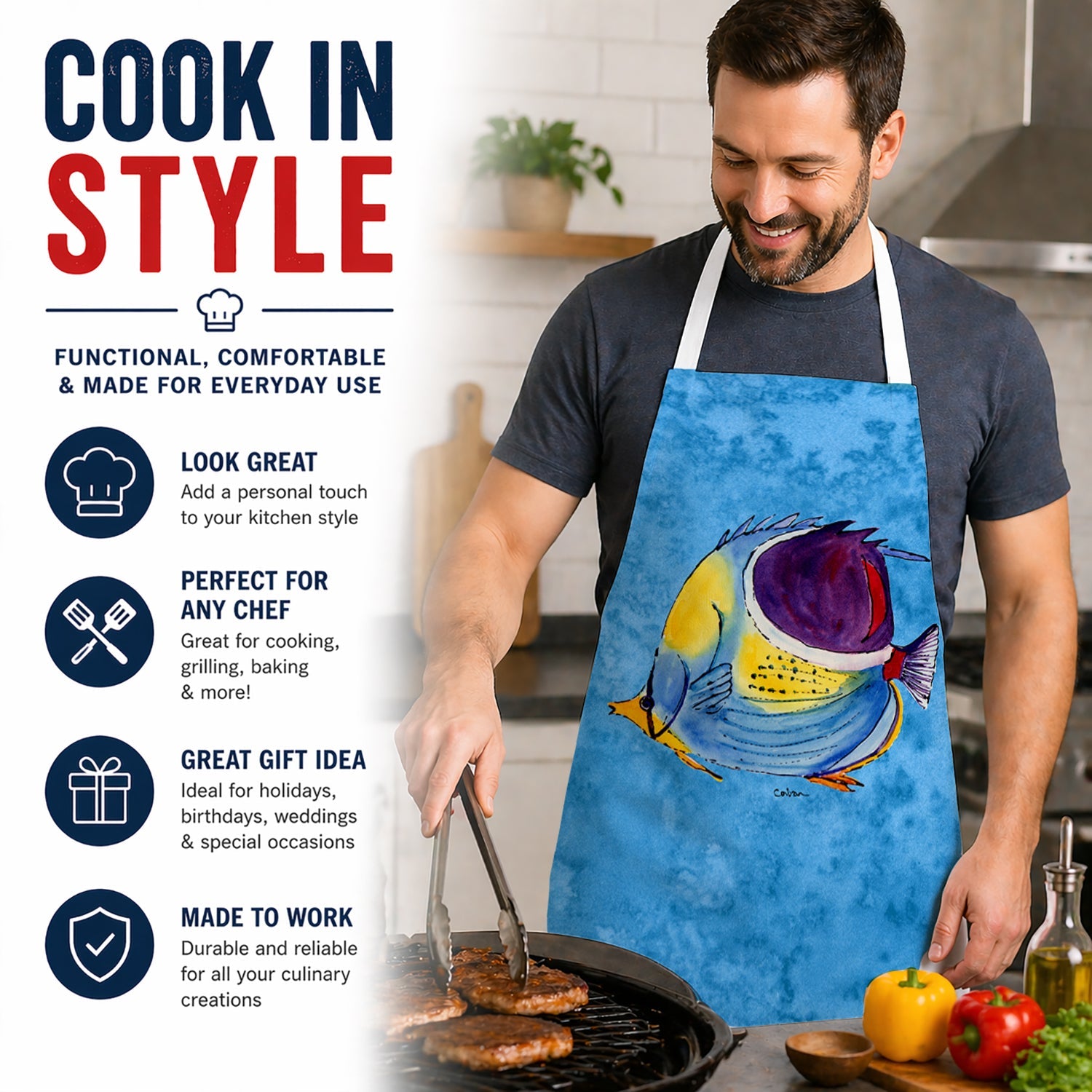 Tropical Fish Apron Cooking Kitchen Server Baking Crafts Gardening for Adult Women Men, Unisex, Large, Multicolor