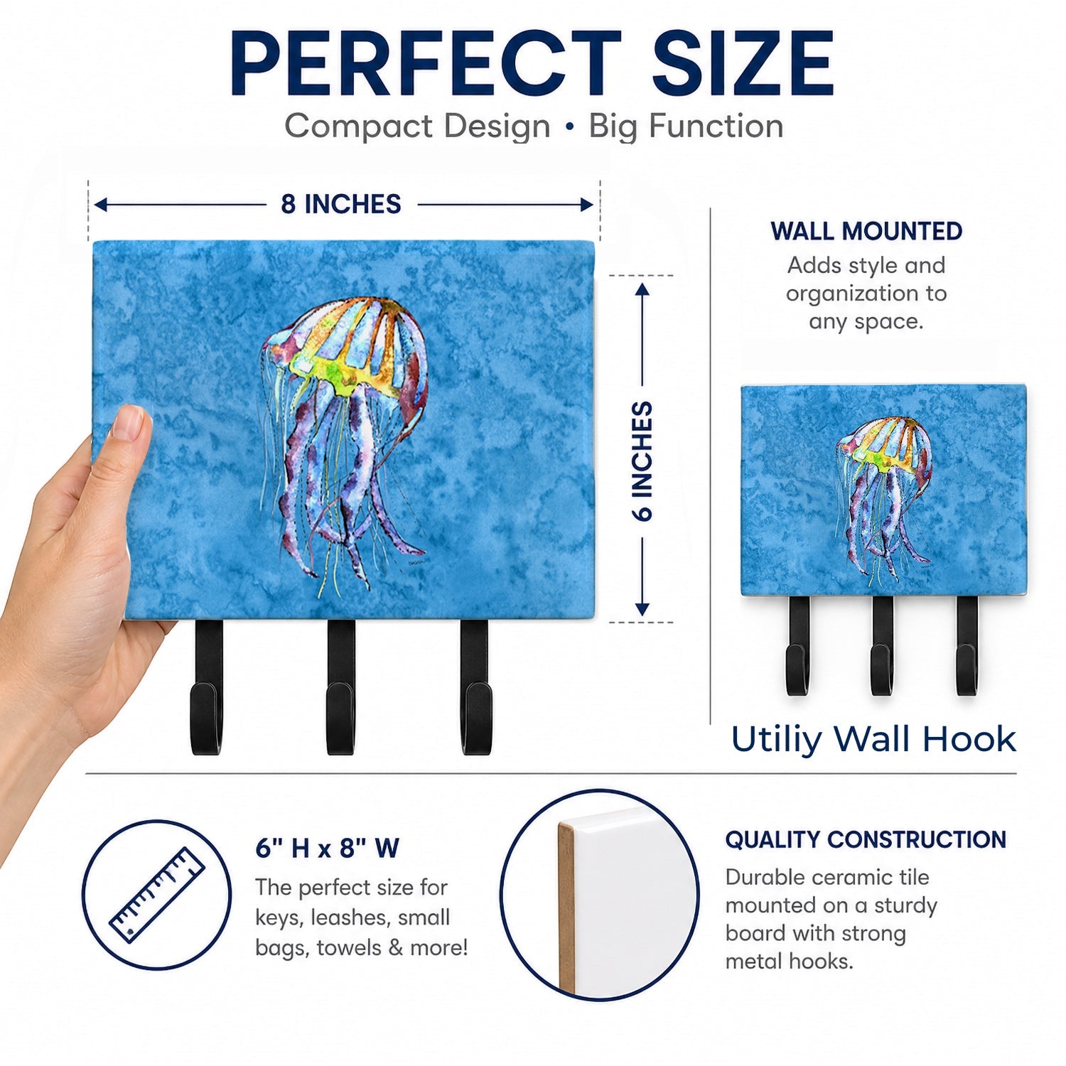 Jellyfish Leash or Key Holder Wall Hooks, Coat Rack Wall Mount, for Hanging Keys, Towels, Aprons, Leashes