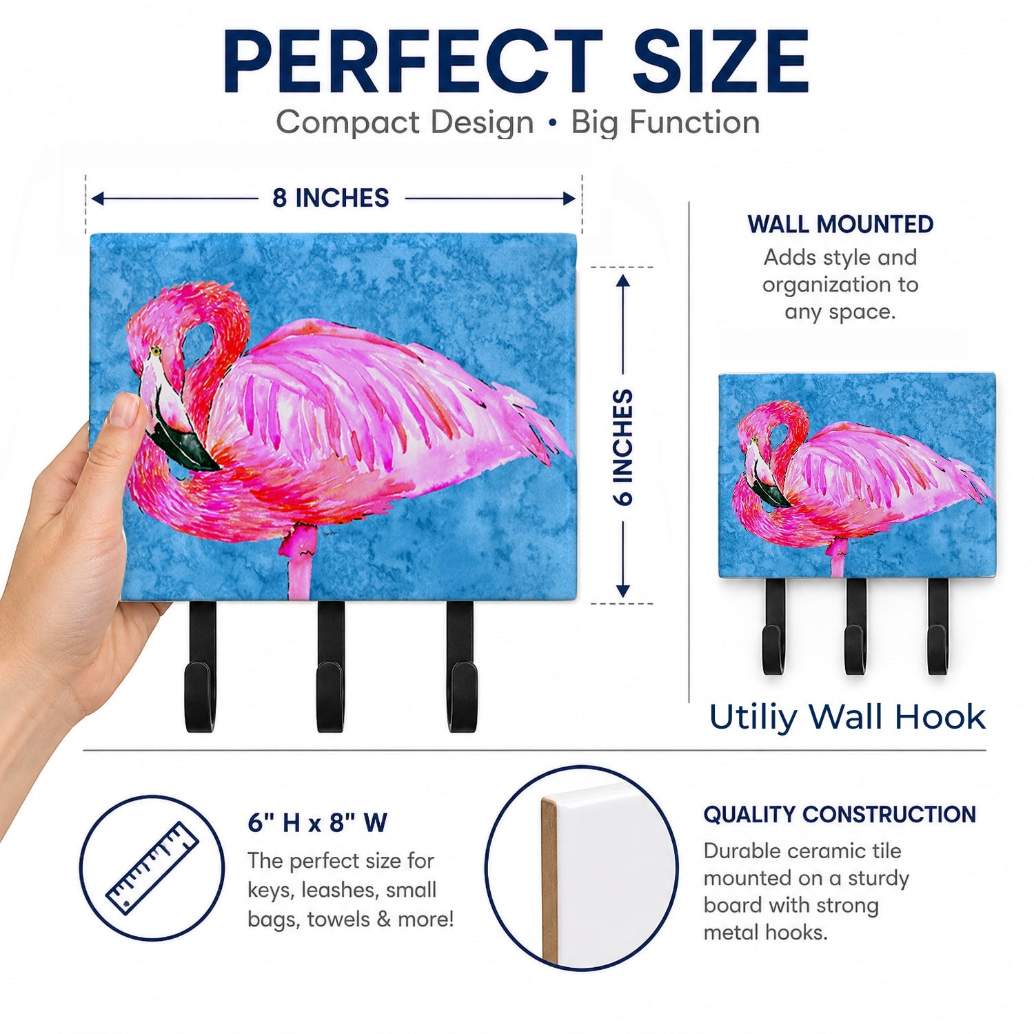 Flamingo Leash or Key Holder Wall Hooks, Coat Rack Wall Mount, for Hanging Keys, Towels, Aprons, Leashes