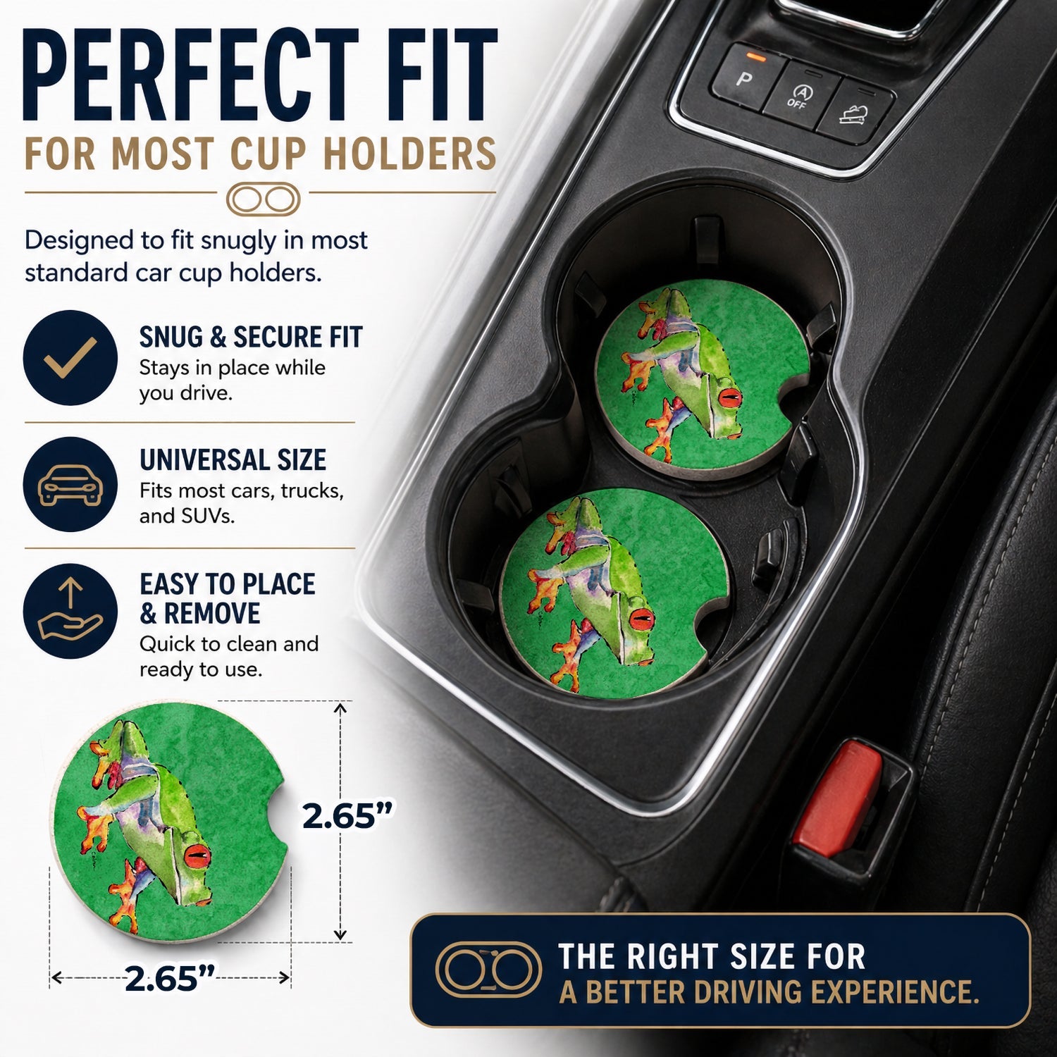 Frog Set of 2 Cup Holder Car Coasters Absorbent Round Sandstone Coasters Gifts for Men or Women, 2.5, Multicolor