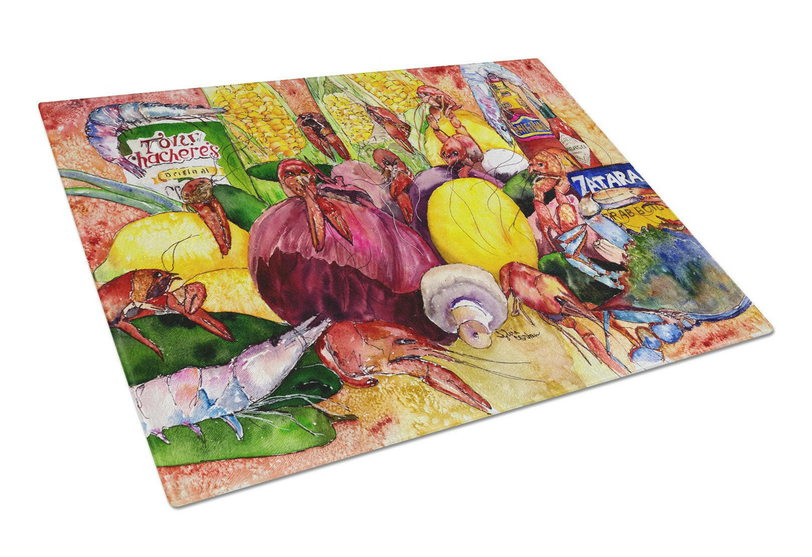 Crawfish with Spices and Corn Cutting Board Tempered Glass Kitchen Cutting Surface, Heat Resistant Chopping, Non-Slip Feet, Food Prep & Serving