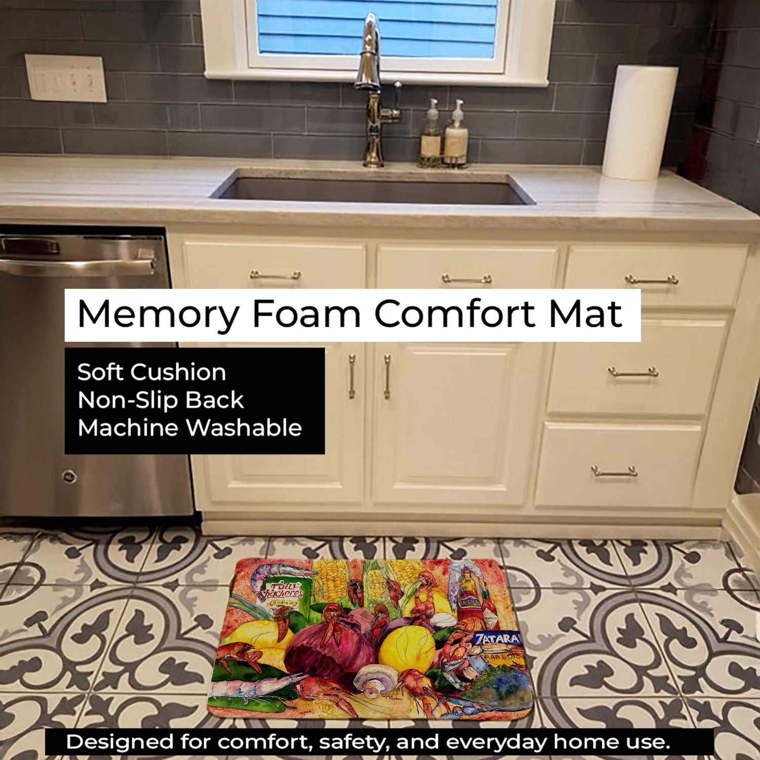 Crawfish with Spices and Corn Memory Foam Kitchen Mat Machine Washable Anti-Fatigue Cushion Comfort Bath or Kitchen Rug