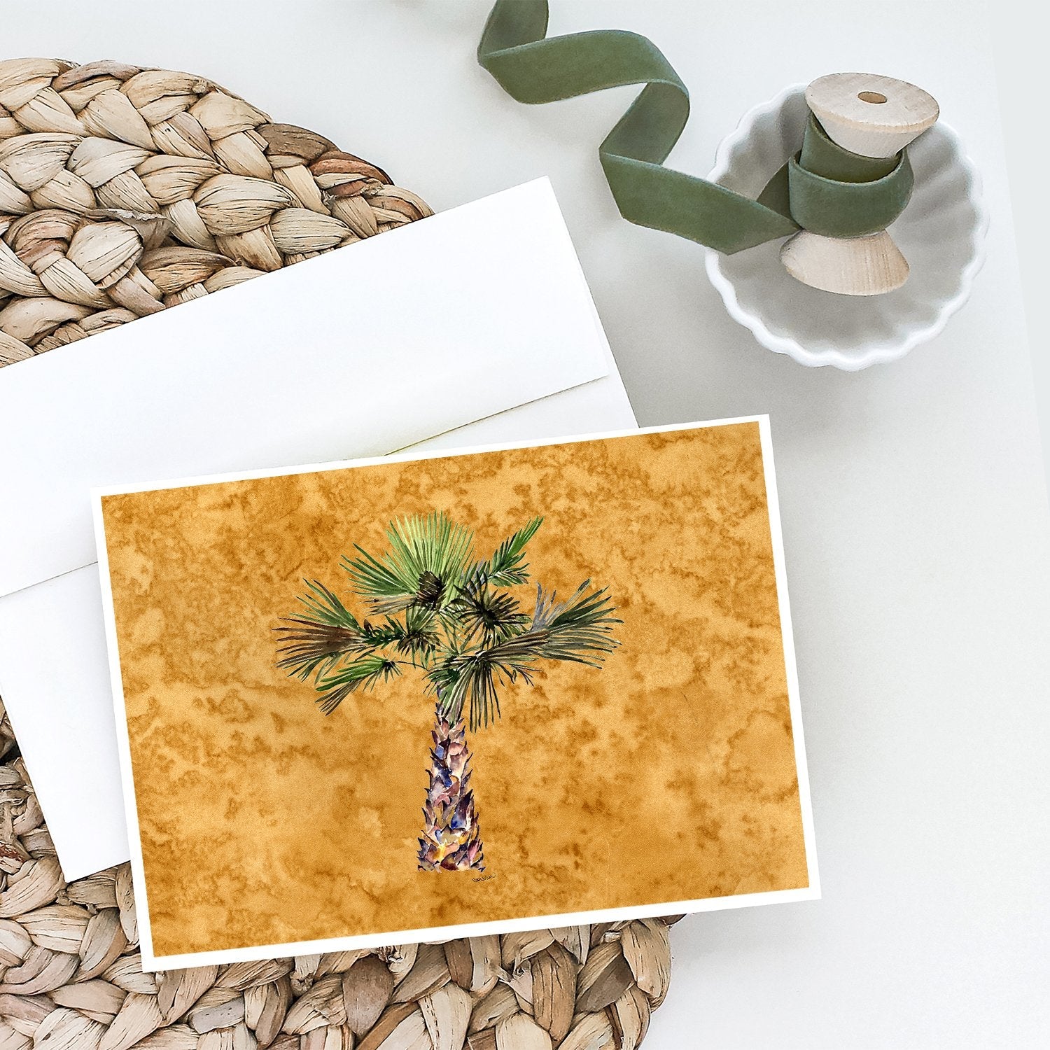 Palm Tree on Gold Greeting Cards Pack of 8 Blank Cards with Envelopes Whimsical A7 Size 5x7