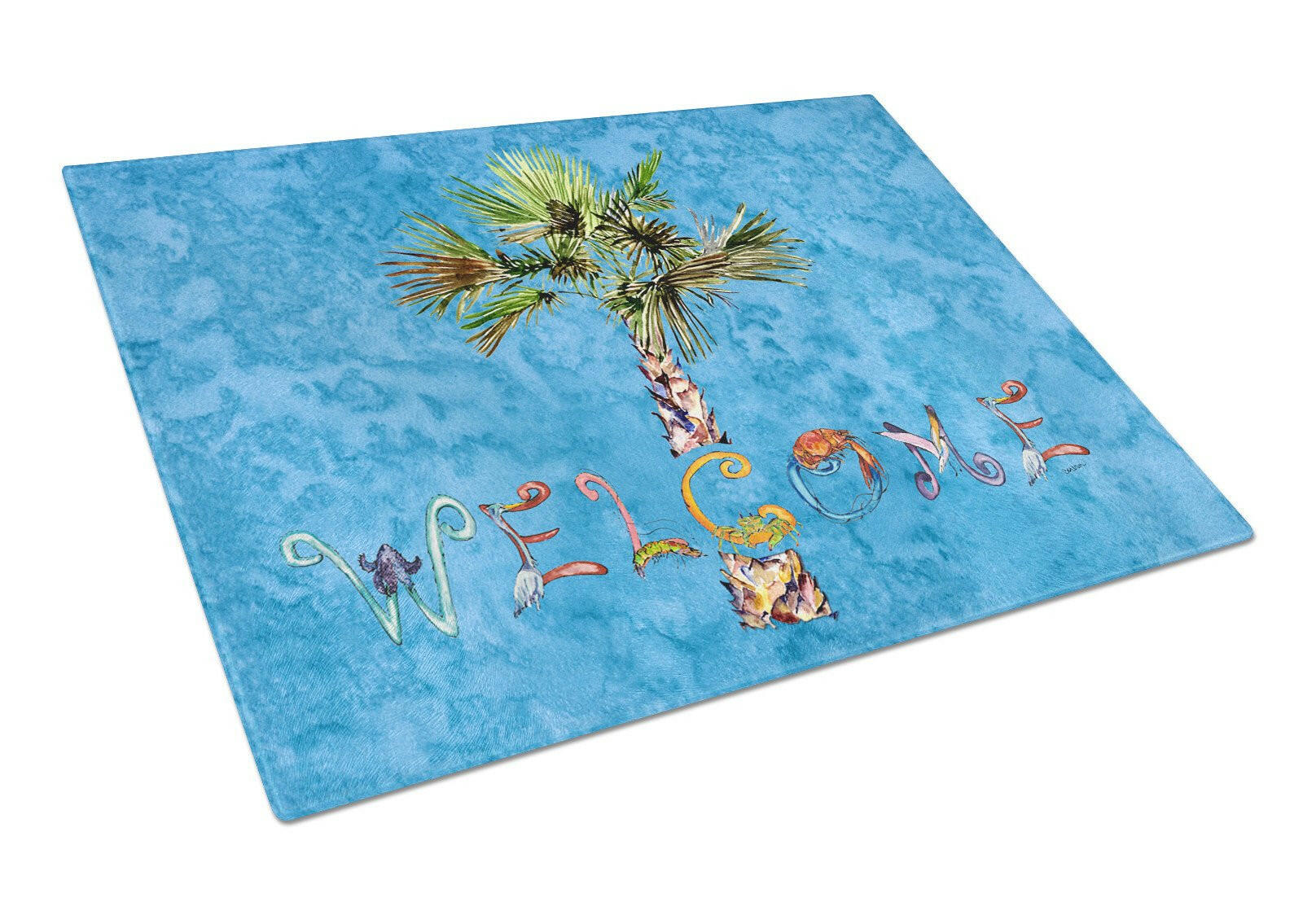 Welcome Palm Tree on Blue Cutting Board Tempered Glass Kitchen Cutting Surface, Heat Resistant Chopping, Non-Slip Feet, Food Prep & Serving