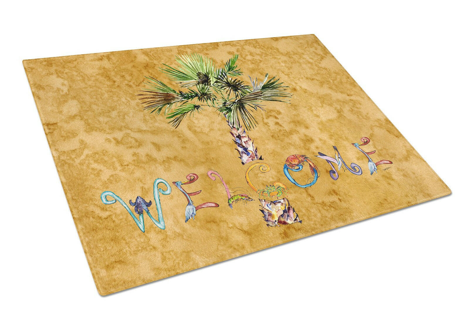Welcome Palm Tree on Gold Cutting Board Tempered Glass Kitchen Cutting Surface, Heat Resistant Chopping, Non-Slip Feet, Food Prep & Serving