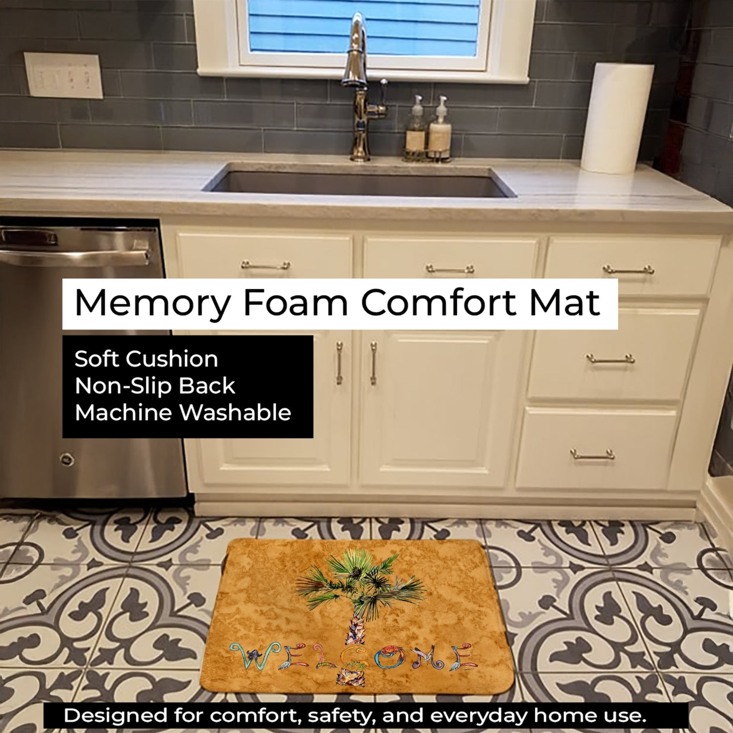 Welcome Palm Tree on Gold Memory Foam Kitchen Mat Machine Washable Anti-Fatigue Cushion Comfort Bath or Kitchen Rug
