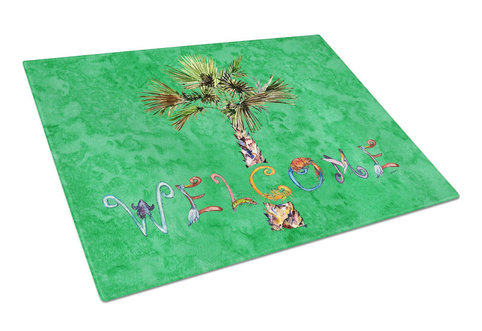 Welcome Palm Tree on Green Cutting Board Tempered Glass Kitchen Cutting Surface, Heat Resistant Chopping, Non-Slip Feet, Food Prep & Serving