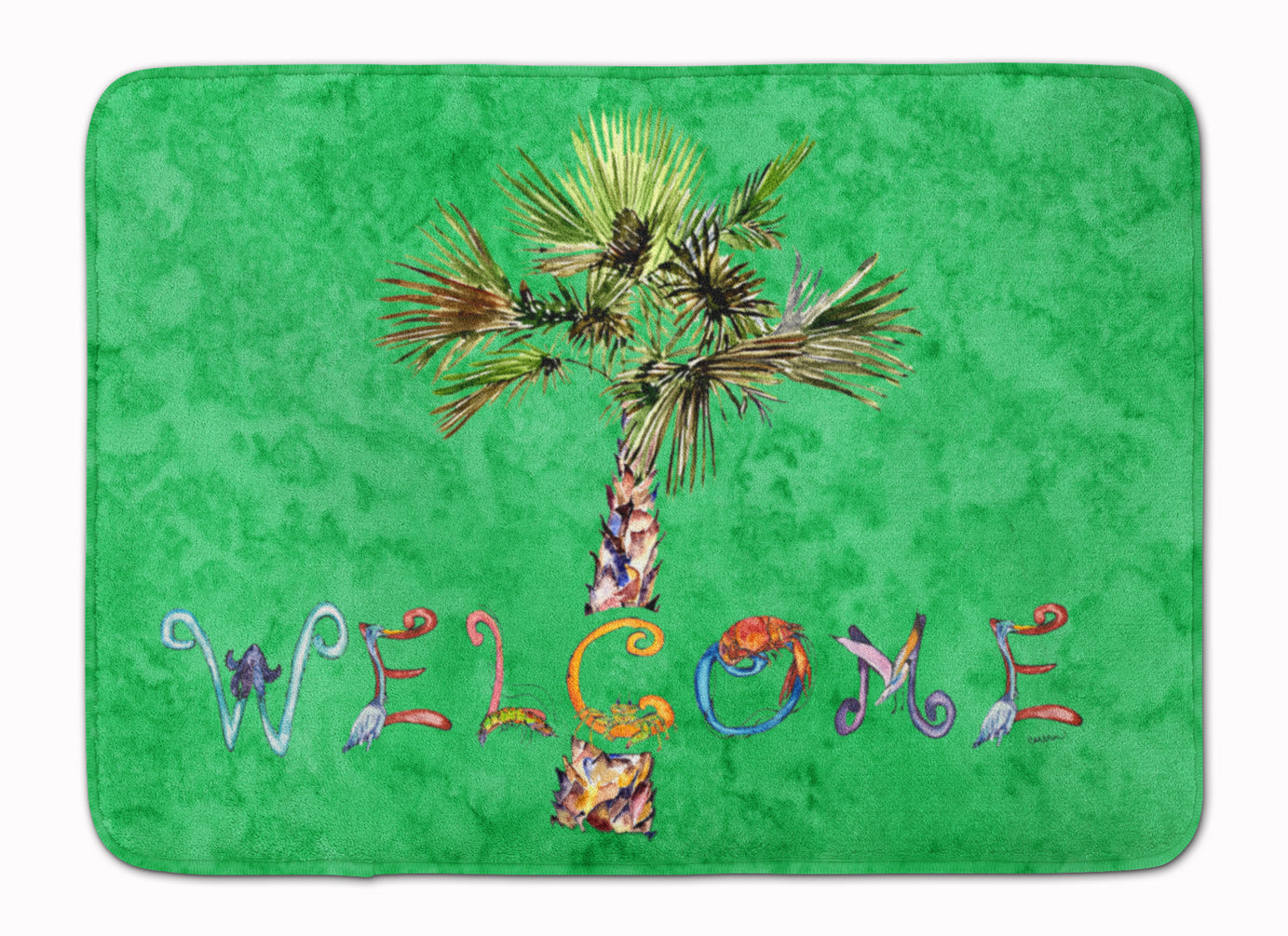 Welcome Palm Tree on Green Memory Foam Kitchen Mat Machine Washable Anti-Fatigue Cushion Comfort Bath or Kitchen Rug