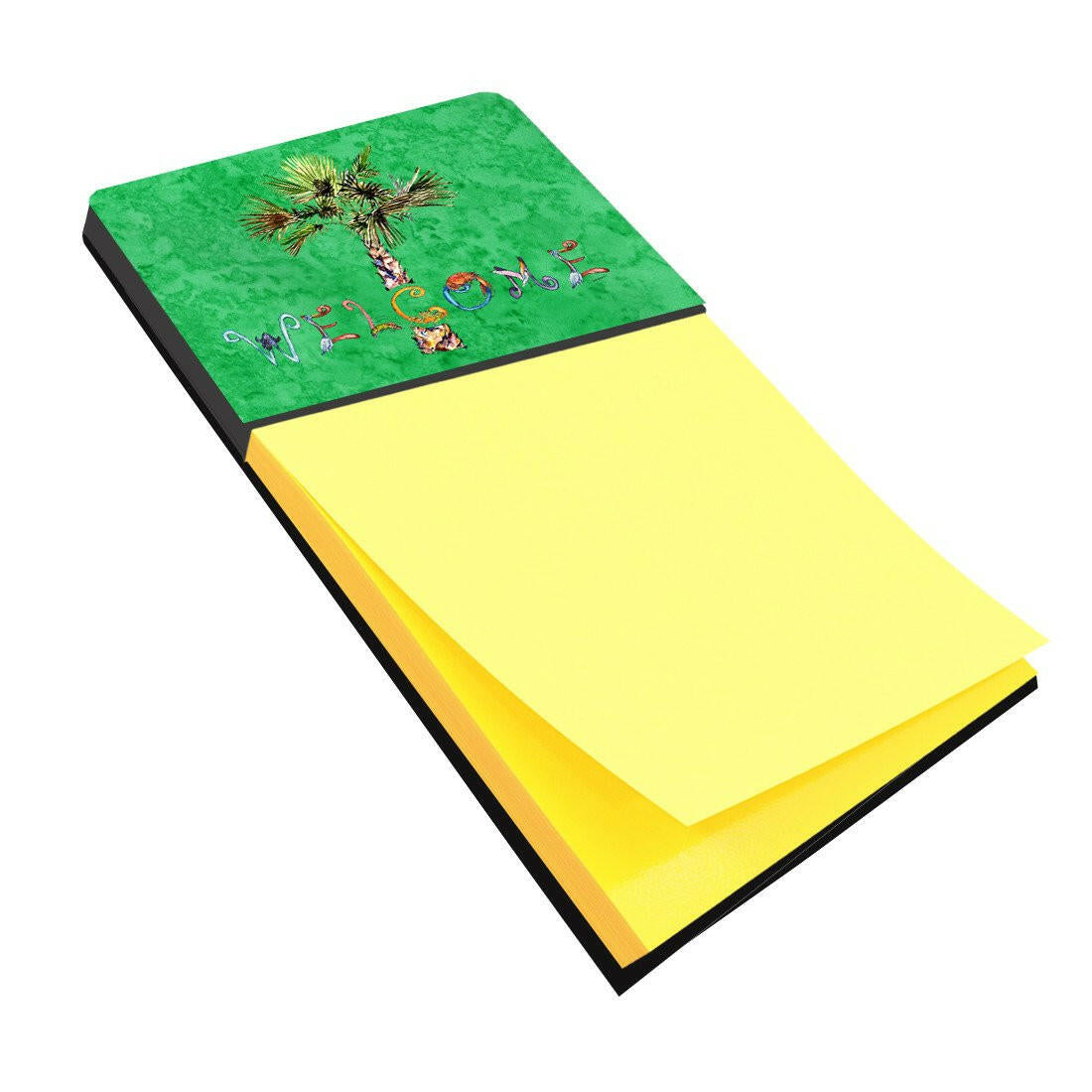 Welcome Palm Tree on Green Watercolor Sticky Note Holder Refillable Dispenser Desk Accessory 3x3 Pad Gift