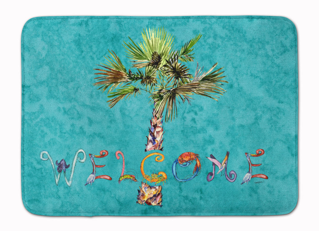 Welcome Palm Tree on Teal Memory Foam Kitchen Mat Machine Washable Anti-Fatigue Cushion Comfort Bath or Kitchen Rug