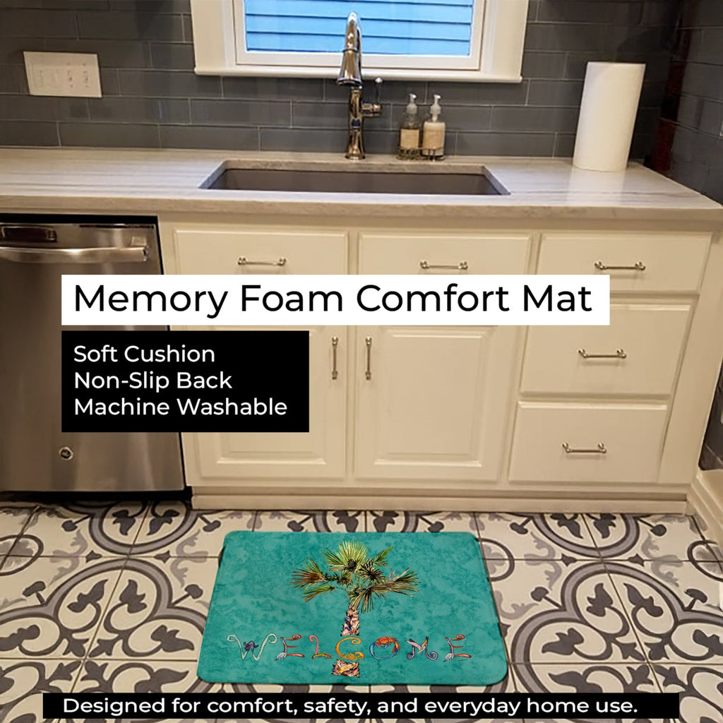Welcome Palm Tree on Teal Memory Foam Kitchen Mat Machine Washable Anti-Fatigue Cushion Comfort Bath or Kitchen Rug