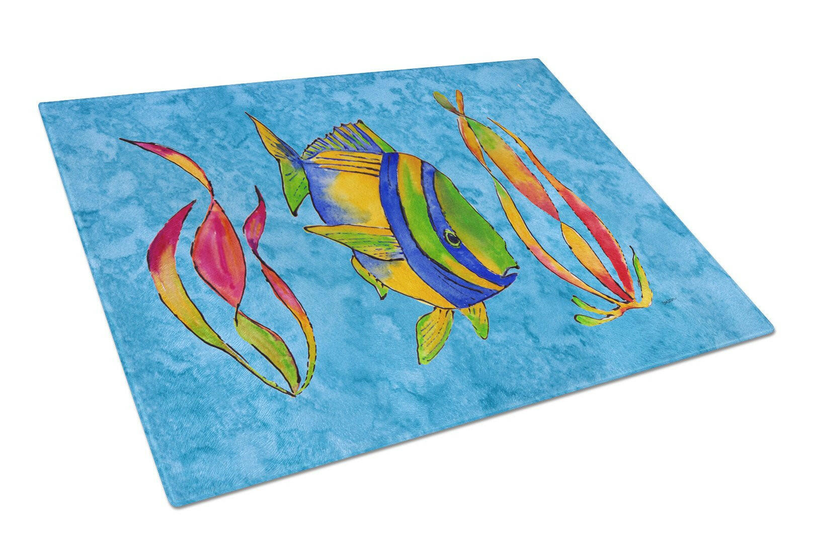 Troical Fish and Seaweed on Blue Cutting Board Tempered Glass Kitchen Cutting Surface, Heat Resistant Chopping, Non-Slip Feet, Food Prep & Serving