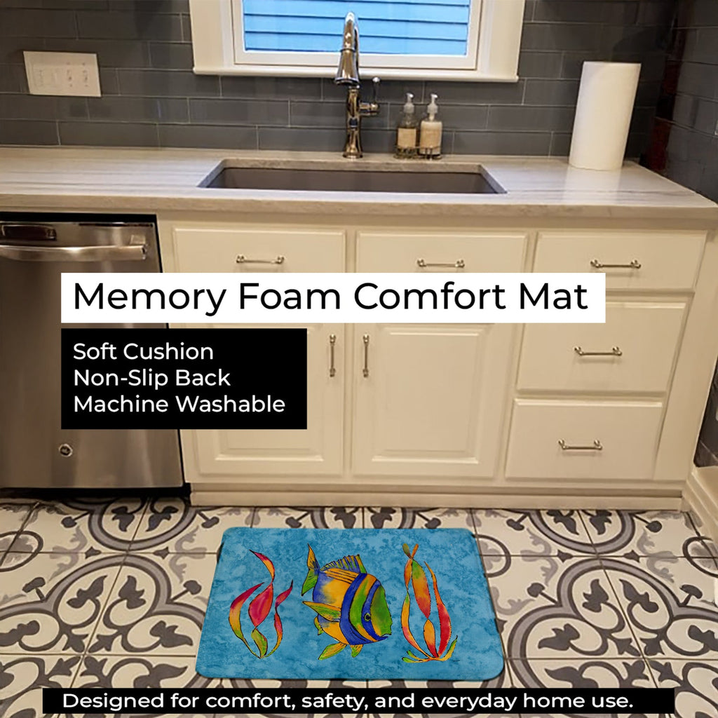 Troical Fish and Seaweed on Blue Memory Foam Kitchen Mat Machine Washable Anti-Fatigue Cushion Comfort Bath or Kitchen Rug