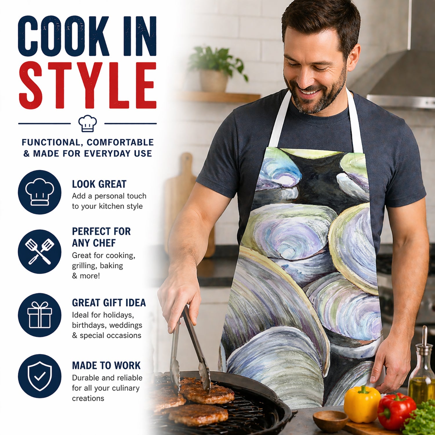 Clam Quahog Apron Cooking Kitchen Server Baking Crafts Gardening for Adult Women Men, Unisex, Large, Multicolor