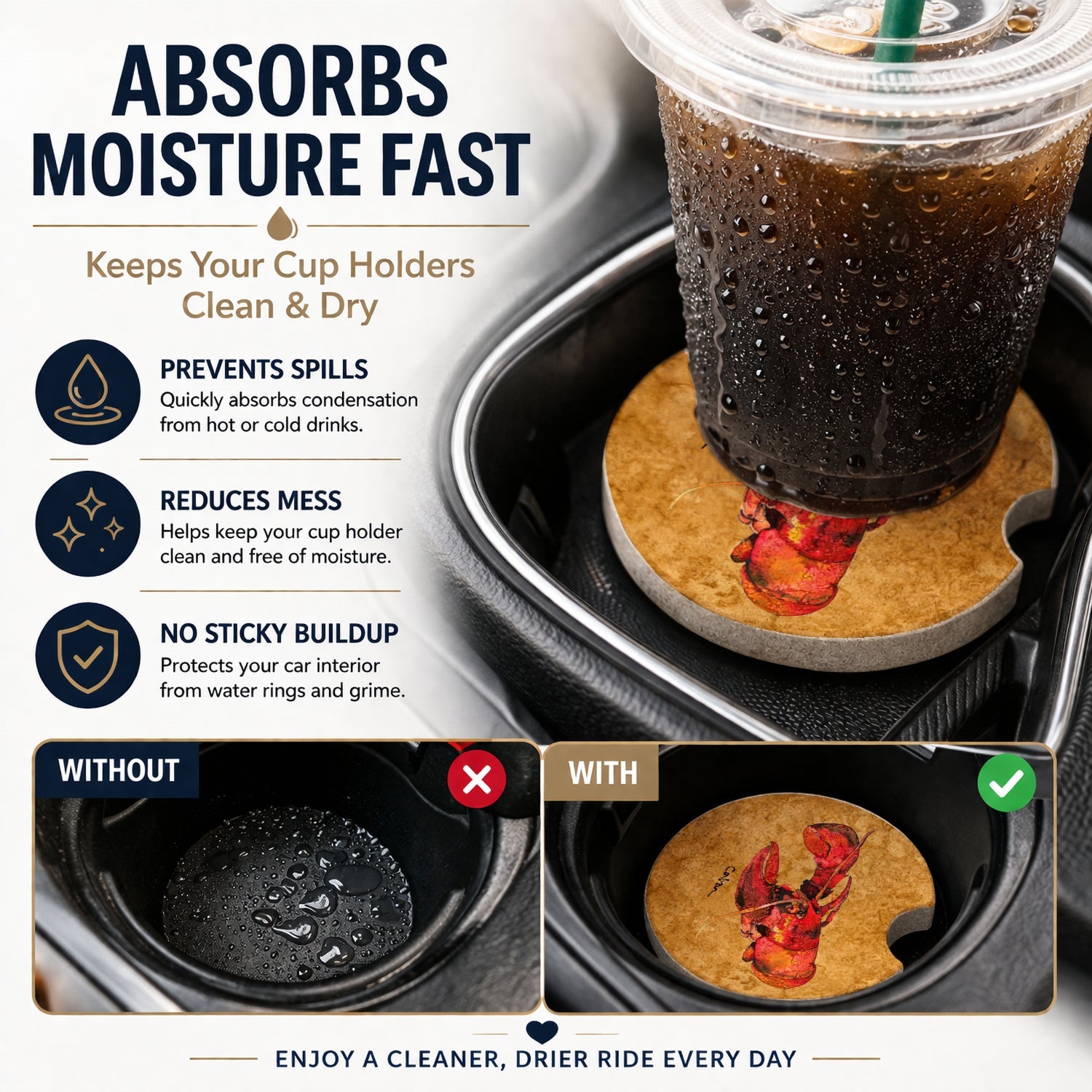 Lobster Set of 2 Cup Holder Car Coasters Absorbent Round Sandstone Coasters Gifts for Men or Women, 2.5, Multicolor